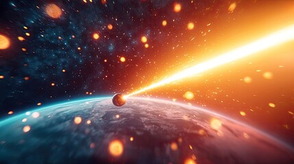 Wall Mural - Asteroid impact concept. A vibrant cosmic scene depicting a laser beam striking the Earth from space.
