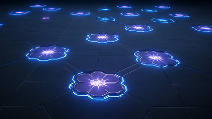 Poster - Cybernetic Grid Network of Interconnected Platforms Illuminated with Neon Edges and Floral Centers