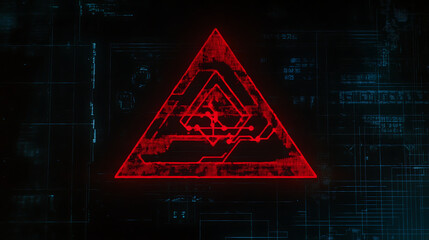 Poster - Cybernetic Interface Display Screen with Red Triangular Warning Signal Graphics and Circuitry