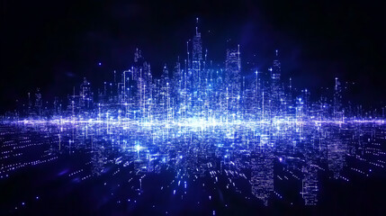 Poster - Cyberpunk Cityscape Digital Data Flow Futuristic Technological Network Illuminated Night Scene