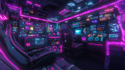 Poster - Cyberpunk Cockpit Interior with Illuminated Display Screens and Neon Lighting Ambiance