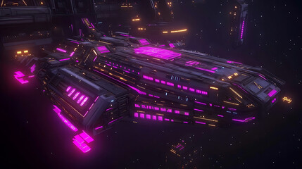 Poster - Cyberpunk Futuristic Spaceship in Deep Space with Neon Lights and Complex Technological Details