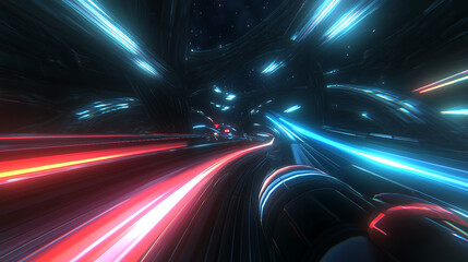 Poster - Cyberpunk Future Speed Racing Through Space with Neon Lights and High Velocity Thrill Ride Fun