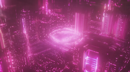 Poster - Cyberpunk Glowing Circuitry Grid with Swirling Center Energetic Purple Hues Electronic Microchips