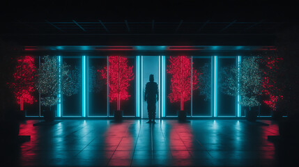 Poster - Cyberpunk Interior Silhouette Against Luminous Trees With Glowing Neon Accent Lighting Art