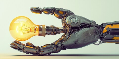 Futuristic robot hand holding a lightbulb. AI.