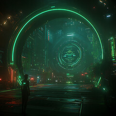 Poster - Cyberpunk Portal Illusion Neon Glow Sci Fi Structure Person Silhouette Standing Futuristic Scene