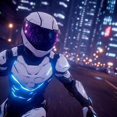 Poster - Cyberpunk Rider Ascending in the Neon Cityscape Adventure with Futuristic Gear and Cosmic Vision