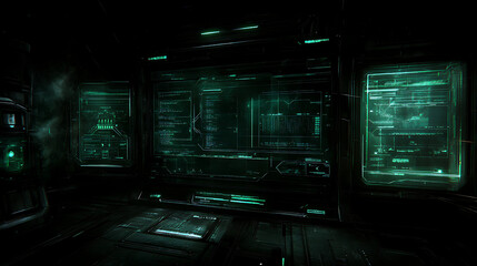 Poster - Dark Sci-Fi Control Room Interface Data Analysis Futuristic Technology Cyberpunk Glow Holographic Screens