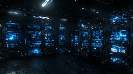 Poster - Dark Server Room Filled With Glowing Blue Data Screens And Metallic Architecture Cyberpunk Atmosphere