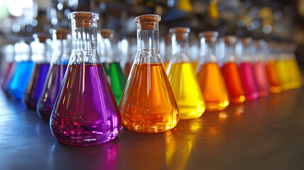 Aufkleber - A vibrant array of laboratory flasks filled with colorful liquids, showcasing a spectrum from purple to yellow, arranged neatly on a surface