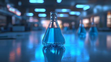 Poster - A blue liquid-filled flask sits in a laboratory, reflecting ambient lighting, surrounded by other glassware in a scientific environment