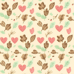 Poster - Delicate Botanical Pattern with Hearts and Leaves for Backgrounds and Textiles Design Applications