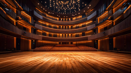 Poster - A beautifully illuminated theater interior, showcasing elegant architecture and a warm ambiance, perfect for performances and gatherings