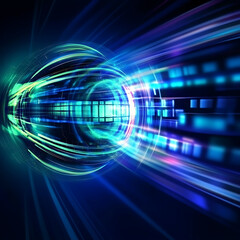 Poster - Digital Data Flow Tunnel Through Cyber Space with Glowing Lights and Futuristic Visualscape