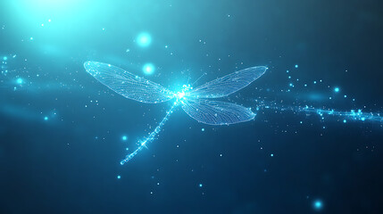 Poster - Digital Dragonfly Illuminated on Dark Cyan Backdrop with Particle Stream and Bokeh Effect