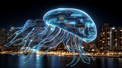 Poster - Digital Jellyfish Floating Over Cityscape at Night Futuristic Technological Hybrid Organism 94 chr