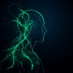 Poster - Digital Mindscape Connection A Humanoid Silhouette Flowing with Electronic Data Streams in Neon Green
