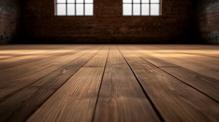 Wall Mural - Warm wooden floor in an industrial-style room with large windows and rustic brick walls