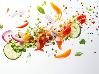 Wall Mural - Vibrant mixed vegetables with herbs and spices on a white background.