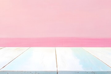 Poster - Pink wall, pastel wood table, product display