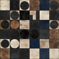 Poster - Distressed Abstract Squares and Circles Pattern in Black White Blue Brown Palette Aesthetic Graphic Art