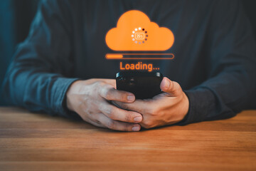 Poster - Person holding a smartphone with a glowing orange cloud upload icon and loading progress bar, representing cloud computing, data transfer, internet of things, and digital technology.