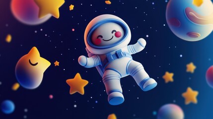 Wall Mural - cute astronaut character floating in colorful space scene