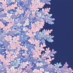Poster - Dreamy Foliage Cascade Pastel Leaves and Tiny Flowers on Dark Blue Background Artwork Illustration