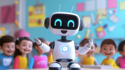 Poster - Friendly Robot Engaging Happy Children in Classroom Setting