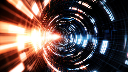 Poster - dynamic circular data stream tunnel in digital space, abstract portal with orange blue illumination