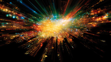Poster - dynamic cityscape explosion of light and color energetic urban visualization bright radiance display
