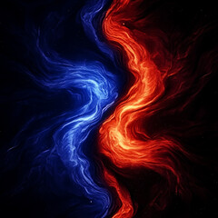 Poster - dynamic collision of red flame and blue energy abstract art depicting heat versus cool elements