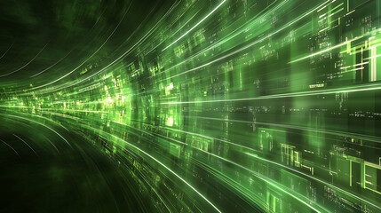 Poster - Dynamic Green Data Stream Abstract Digital Tunnel with Motion Blur and Futuristic Technology Elements
