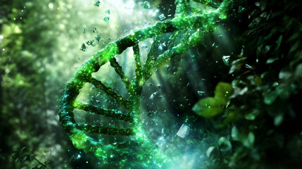 Poster - Dynamic Green DNA Strand Amidst a Lush Forest Displaying a Scientific Discovery Theme and Environmental Focus