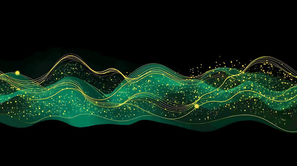 Poster - Elegant Abstract Emerald Waves with Golden Sparkles Background Design for Modern Art Projects