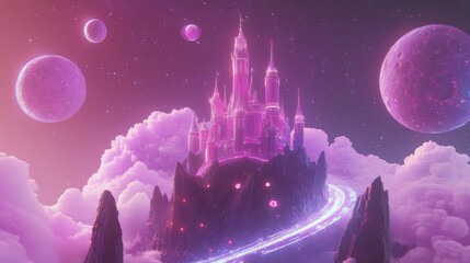 Wall Mural - Ethereal Fantasy Castle Surrounded by Celestial Bodies and Clouds