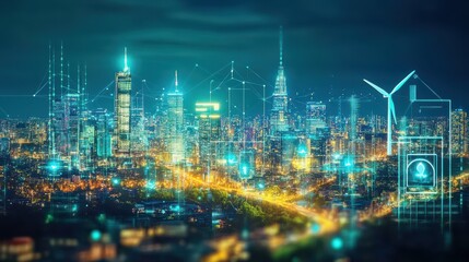 Poster - Futuristic City Skyline with Digital Overlay and Smart Technology