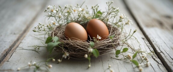 Wall Mural - Two Brown Eggs Resting in Nest Decorated with Flower and Greenery on Light Colored Wood Surface.