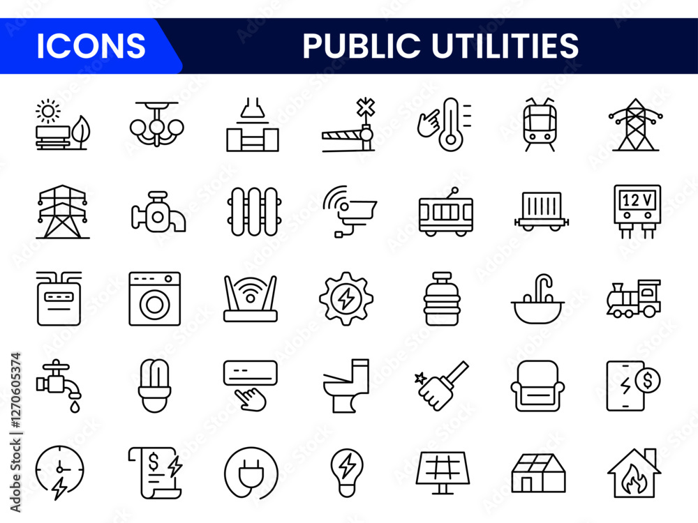 Public utilities icon collection set. power, gas, and water. Signed ...