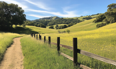 Sticker - Wooden post fence in lush grassland with gentle hills and natural beauty