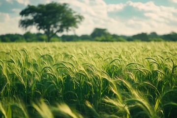 Wall Mural - Tree on green grass with blue sky background.