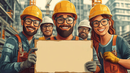 Poster - construction workers with blank banner, safety precautions at construction site concept . Generative AI