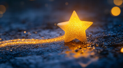 Poster - Glowing star decoration shines on a dark surface with glittering trails