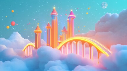 Wall Mural - Enchanted Castle with Colorful Towers and Whimsical Clouds