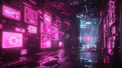 Poster - cyberpunk game room with neon pink holographic panels, glowing energy, dark futuristic feel backgrou