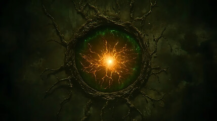 Poster - enchanting orb radiating vital energy amidst ancient entwined roots and mystical green hues around i