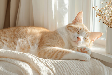 Naklejka na meble Ginger cat resting on a windowsill, observing overcast March day, light breeze moving curtains, calm home setting.