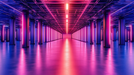 Poster - Endless Neon Lit Hallway Interior with Parallel Columns and Light Strip Reflection on Floor