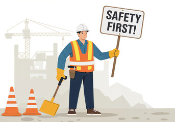 Poster - construction worker holding a sign with text safety first . Generative AI